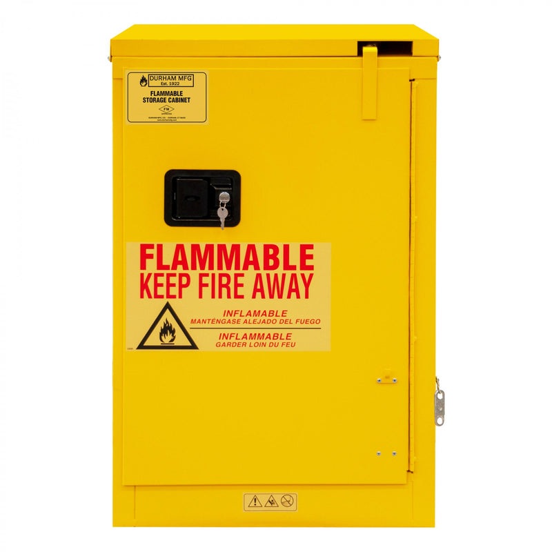Durham FM Approved, Flammable Storage Cabinet, 12 Gallon, 1 Door, Self Close, 1 Shelf, Safety Yellow