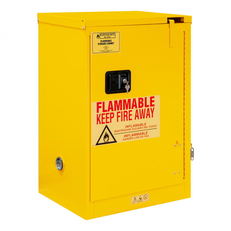 Durham FM Approved, Flammable Storage Cabinet, 12 Gallon, 1 Door, Self Close, 1 Shelf, Safety Yellow