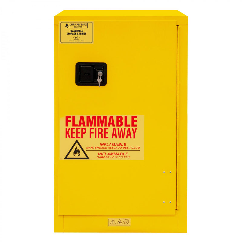 Durham FM Approved, Flammable Storage Cabinet, 16 Gallon, 1 Door, Manual Close, 1 Shelf, Safety Yellow