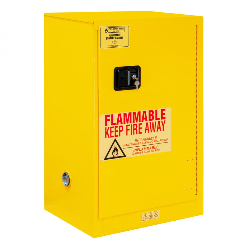 Durham FM Approved, Flammable Storage Cabinet, 16 Gallon, 1 Door, Manual Close, 1 Shelf, Safety Yellow
