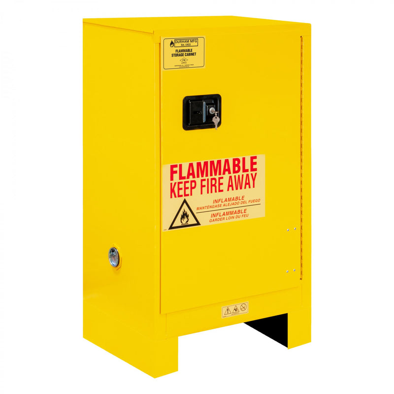 Durham FM Approved, Flammable Storage Cabinet With Legs, 16 Gallon, 1 Door, Manual Close, 1 Shelf, Yellow
