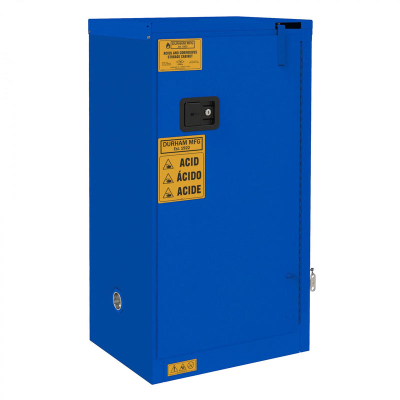 Durham FM Approved, Corrosive Storage Cabinet, 16 Gallon, 1 Door, Self Close, 1 Shelf, 2 Plastic Trays