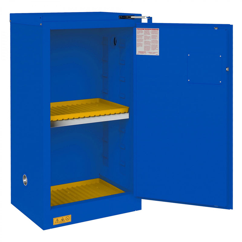 Durham FM Approved, Corrosive Storage Cabinet, 16 Gallon, 1 Door, Self Close, 1 Shelf, 2 Plastic Trays