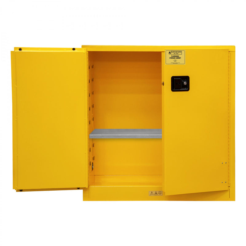 Durham FM Approved, Flammable Storage Cabinet, 30 Gallon, 2 Doors, Manual Close, 1 Shelf, Yellow