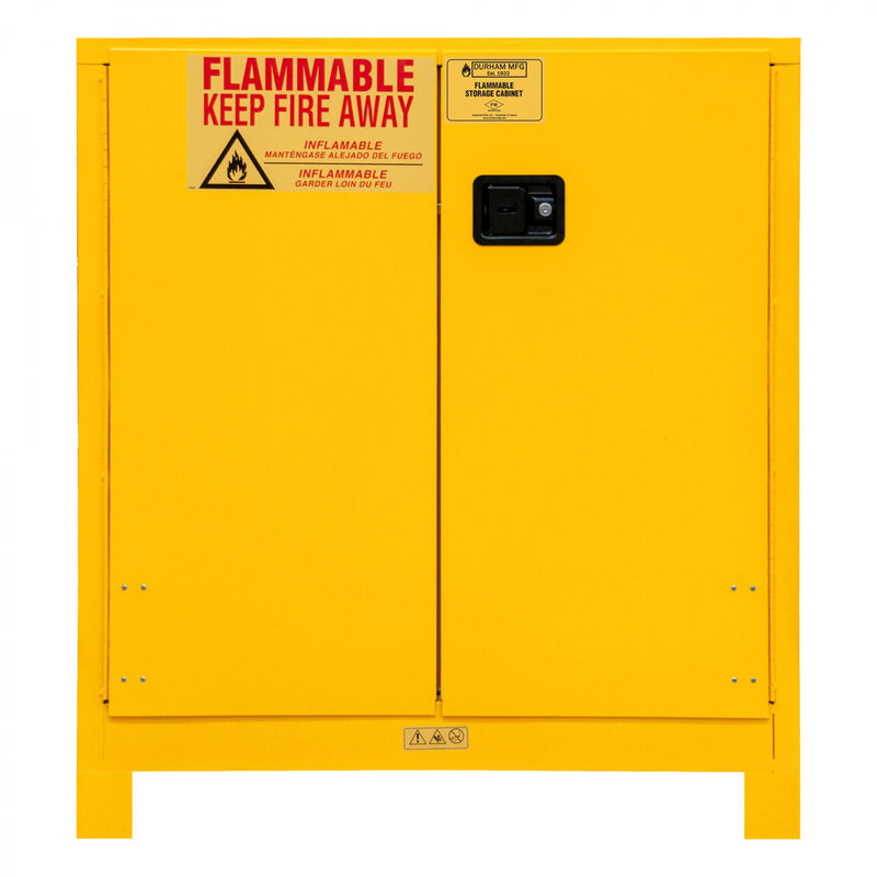 Durham FM Approved, Flammable Storage Cabinet With Legs, 30 Gallon, 2 Doors, Manual Close, 1 Shelf, Yellow