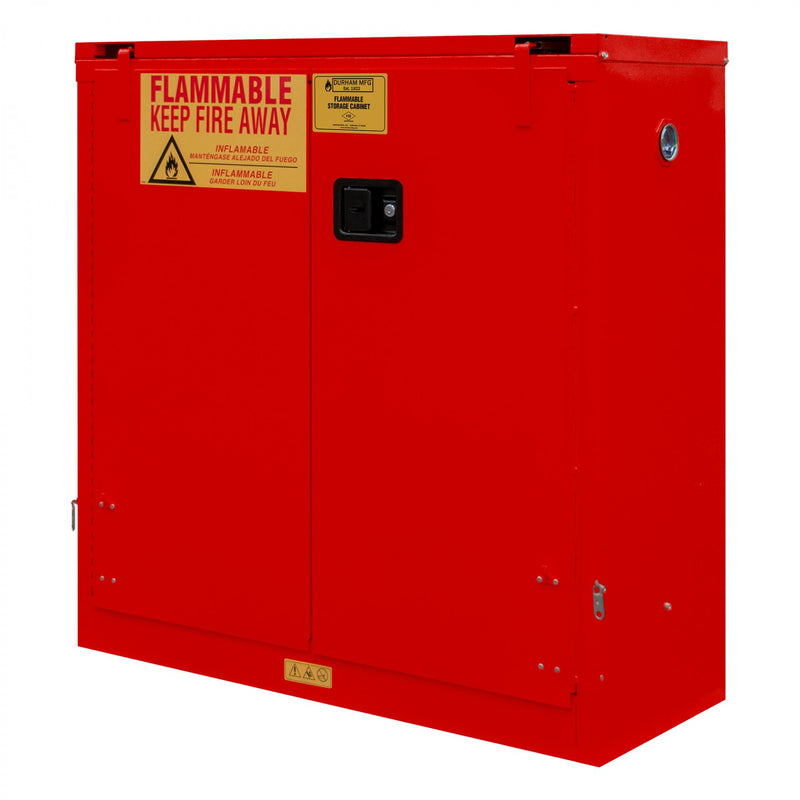 Durham FM Approved, Flammable Storage Cabinet, 30 Gallon, 2 Doors, Self Close, 1 Shelf, Red