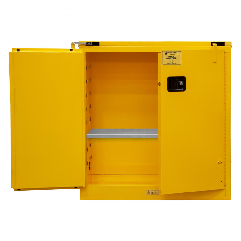 Durham FM Approved, Flammable Storage Cabinet, 30 Gallon, 2 Doors, Self Close, 1 Shelf, Safety Yellow