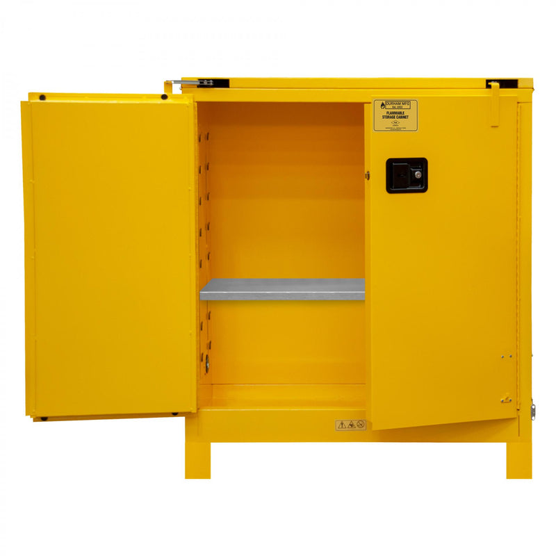 Durham FM Approved, Flammable Storage Cabinet With Legs, 30 Gallon, 2 Doors, Self Close, 1 Shelf, Yellow