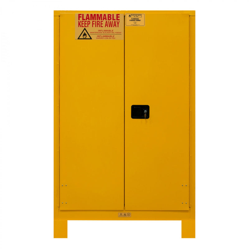 Durham FM Approved, Flammable Storage Cabinet With Legs, 45 Gallon, 2 Doors, Manual Close, 2 Shelves, Yellow