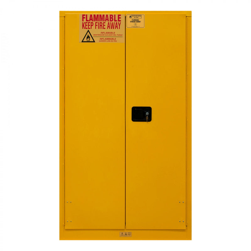 Durham FM Approved, Flammable Storage Cabinet, 60 Gallon, 2 Doors, Manual Close, 2 Shelves, Yellow