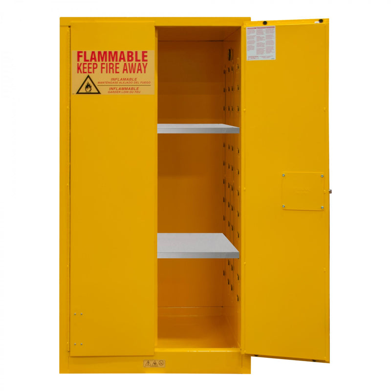 Durham FM Approved, Flammable Storage Cabinet, 60 Gallon, 2 Doors, Manual Close, 2 Shelves, Yellow