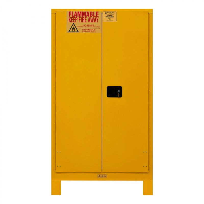 Durham FM Approved, Flammable Storage Cabinet With Legs, 60 Gallon, 2 Doors, Manual Close, 2 Shelves, Yellow