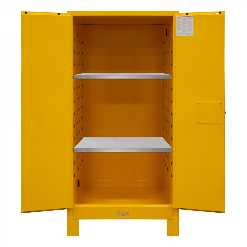 Durham FM Approved, Flammable Storage Cabinet With Legs, 60 Gallon, 2 Doors, Manual Close, 2 Shelves, Yellow
