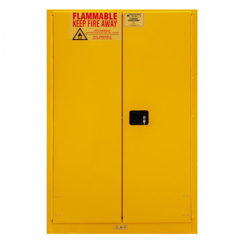 Durham FM Approved, Flammable Storage Cabinet, 90 Gallon, 2 Doors, Manual Close, 2 Shelves, Yellow