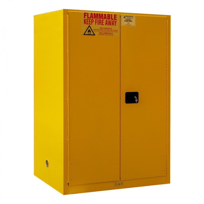 Durham FM Approved, Flammable Storage Cabinet, 90 Gallon, 2 Doors, Manual Close, 2 Shelves, Yellow