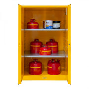 Durham FM Approved, Flammable Storage Cabinet, 90 Gallon, 2 Doors, Manual Close, 2 Shelves, Yellow