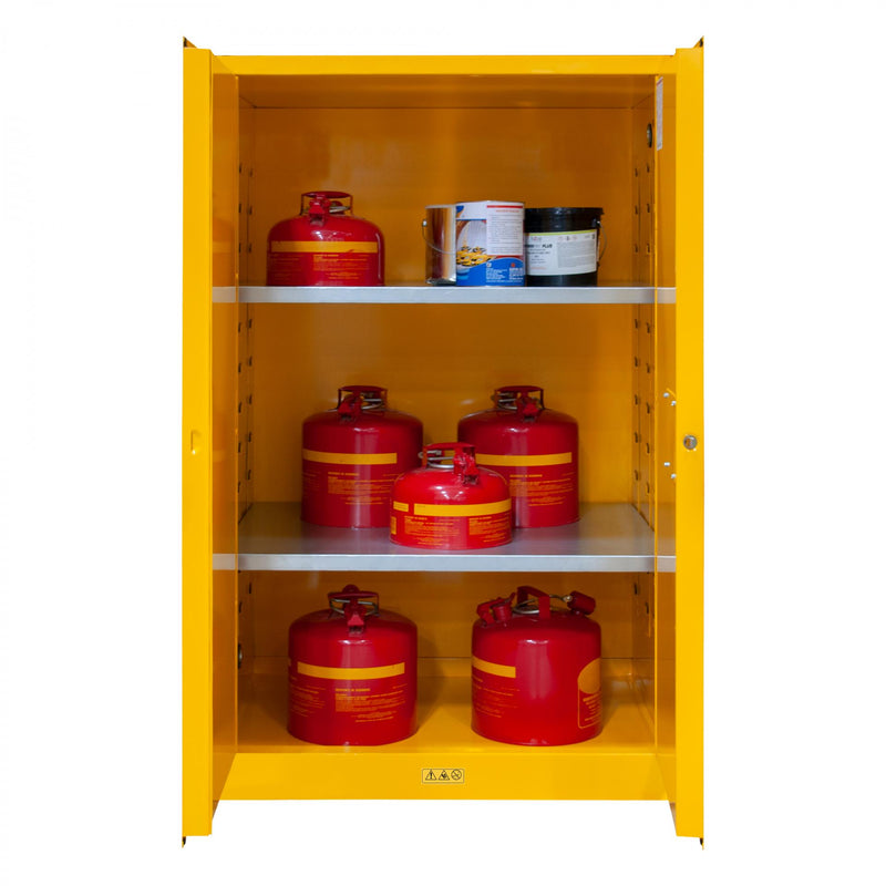 Durham FM Approved, Flammable Storage Cabinet, 90 Gallon, 2 Doors, Manual Close, 2 Shelves, Yellow