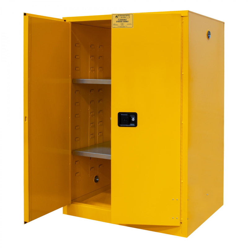 Durham FM Approved, Flammable Storage Cabinet, 90 Gallon, 2 Doors, Manual Close, 2 Shelves, Yellow