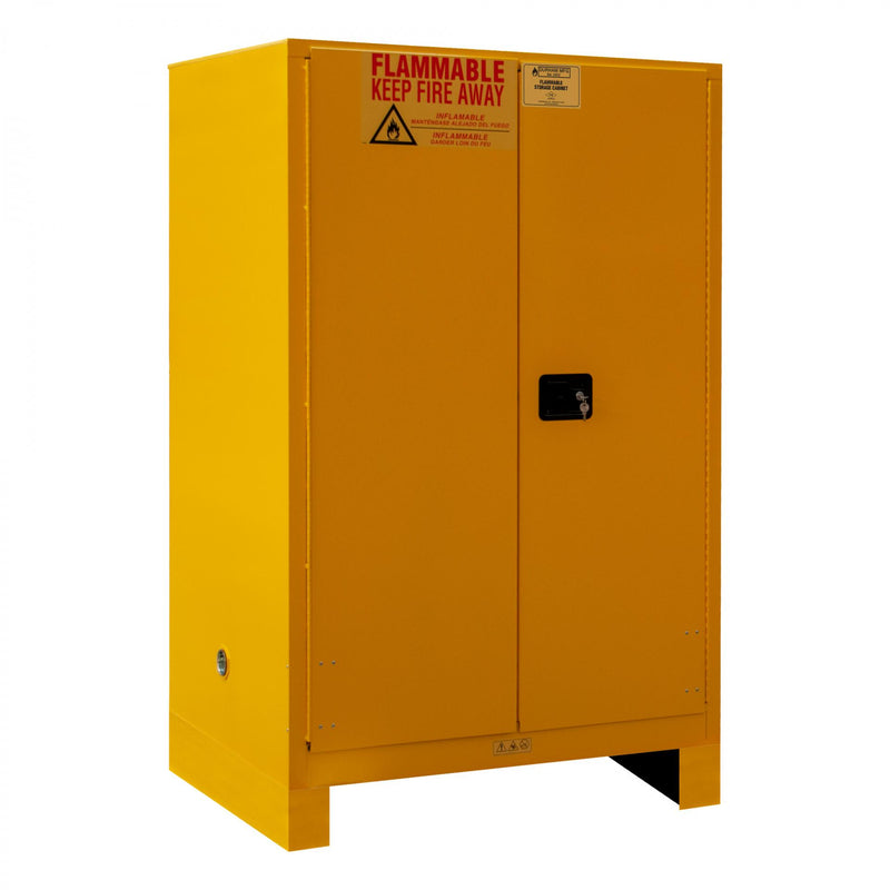 Durham FM Approved, Flammable Storage Cabinet With Legs, 90 Gallon, 2 Doors, Manual Close, 2 Shelves, Yellow