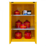 Durham FM Approved, Flammable Storage Cabinet, 90 Gallon, 2 Doors, Self Close, 2 Shelves, Yellow