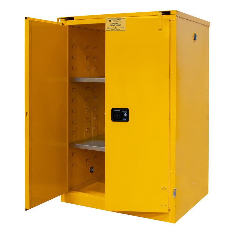 Durham FM Approved, Flammable Storage Cabinet, 90 Gallon, 2 Doors, Self Close, 2 Shelves, Yellow