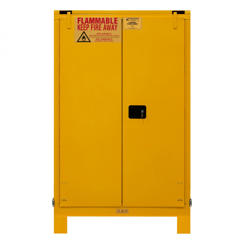 Durham FM Approved, Flammable Storage Cabinet With Legs, 90 Gallon, 2 Doors, Self Close, 2 Shelves, Yellow