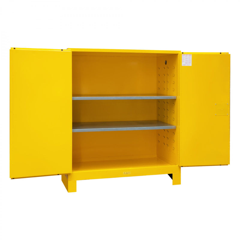 Durham FM Approved, Flammable Storage Cabinet With Legs, 120 Gallon, 2 Doors, Manual Close, 2 Shelves, Yellow