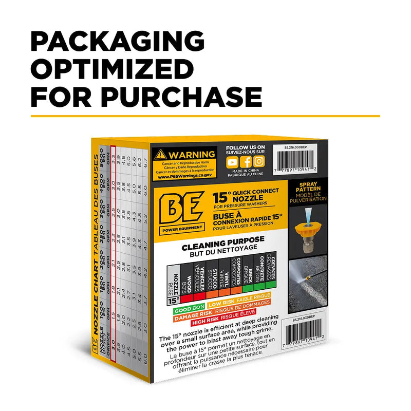 15° Quick Connect Pressure Washer Nozzle – 3.0 Orifice - Retail Ready Packaging BE Power Equipment