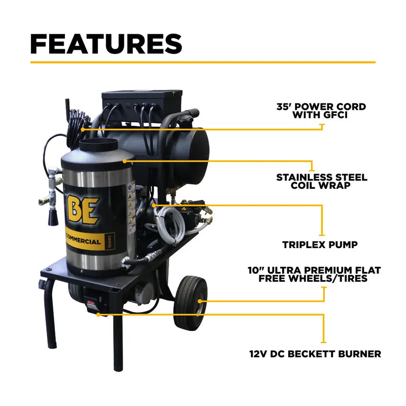 1,000 PSI 2.0 GPM Hot Water Electric Pressure Washer with General T9051EBF triplex pump - 1250 BE Power Equipment