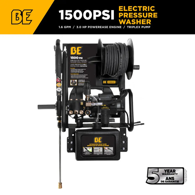1,500 PSI 1.6 GPM 1.5 HP Electric Pressure Washer with Powerease Motor and Triplex Pump - P1515EPNW BE Power Equipment