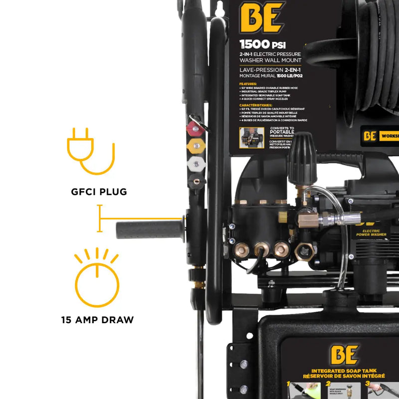 1,500 PSI 1.6 GPM 1.5 HP Electric Pressure Washer with Powerease Motor and Triplex Pump - P1515EPNW BE Power Equipment