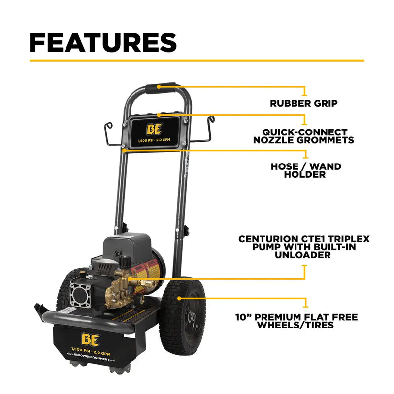 1,500 PSI 2.0 GPM Electric Pressure Washer with Baldor Motor and AR Triplex Pump - PE-1520EW1A BE Power Equipment