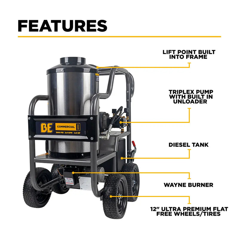 1,500 PSI 2.0 GPM Hot Water Pressure Washer with TechTop Motor and CP Triplex Pump - HW152EA BE Power Equipment