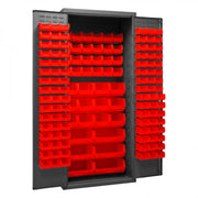 Durham Cabinet, 16 Gauge, 36 x 24 x 84, 138 Red Bins, Flush Doors with Louvered Panel, Lockable