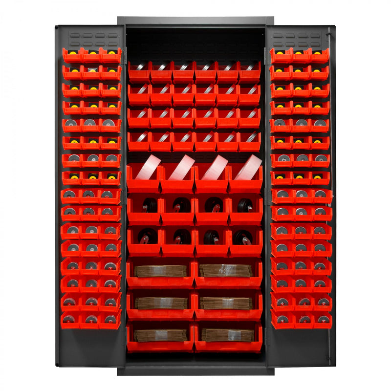 Durham Cabinet, 16 Gauge, 36 x 24 x 84, 138 Red Bins, Flush Doors with Louvered Panel, Lockable