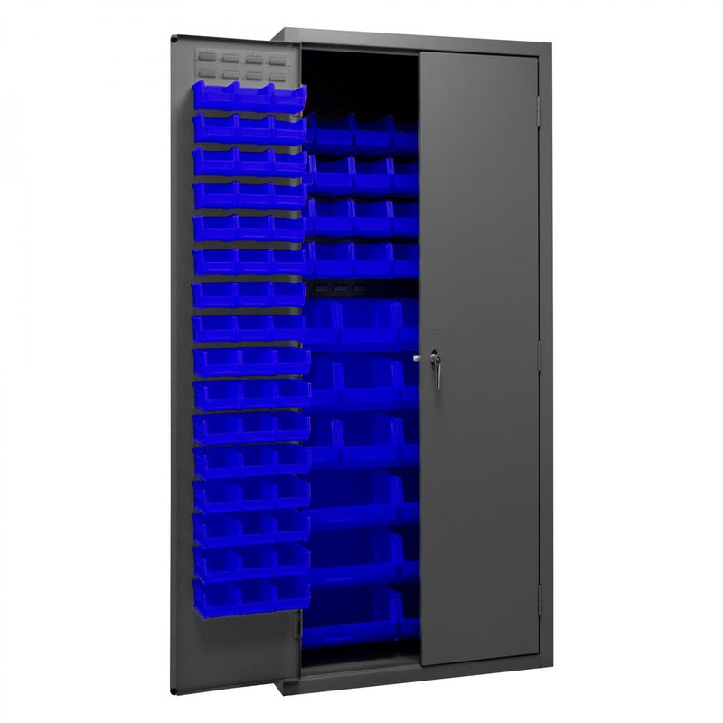 Durham Cabinet, 16 Gauge, 36 x 24 x 84, 138 Blue Bins, Flush Doors with Louvered Panel, Lockable