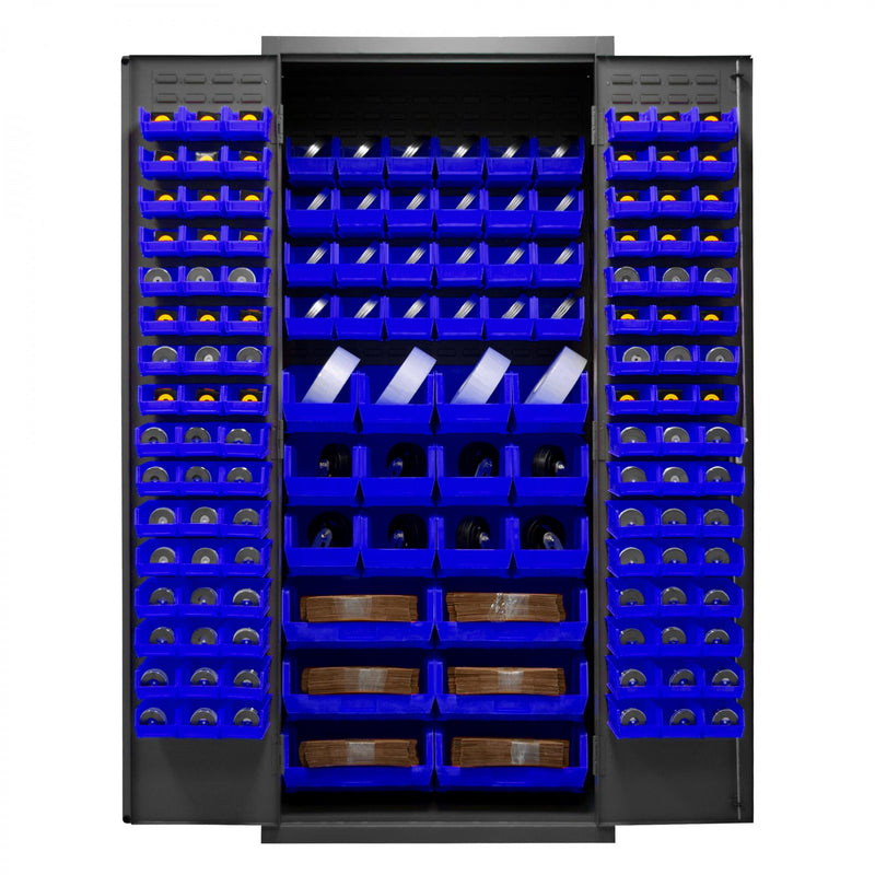 Durham Cabinet, 16 Gauge, 36 x 24 x 84, 138 Blue Bins, Flush Doors with Louvered Panel, Lockable
