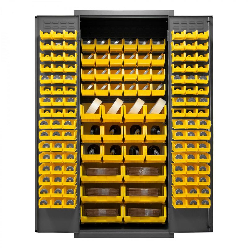 Durham Cabinet, 16 Gauge, 36 x 24 x 84, 138 Yellow Bins, Flush Doors with Louvered Panel, Lockable