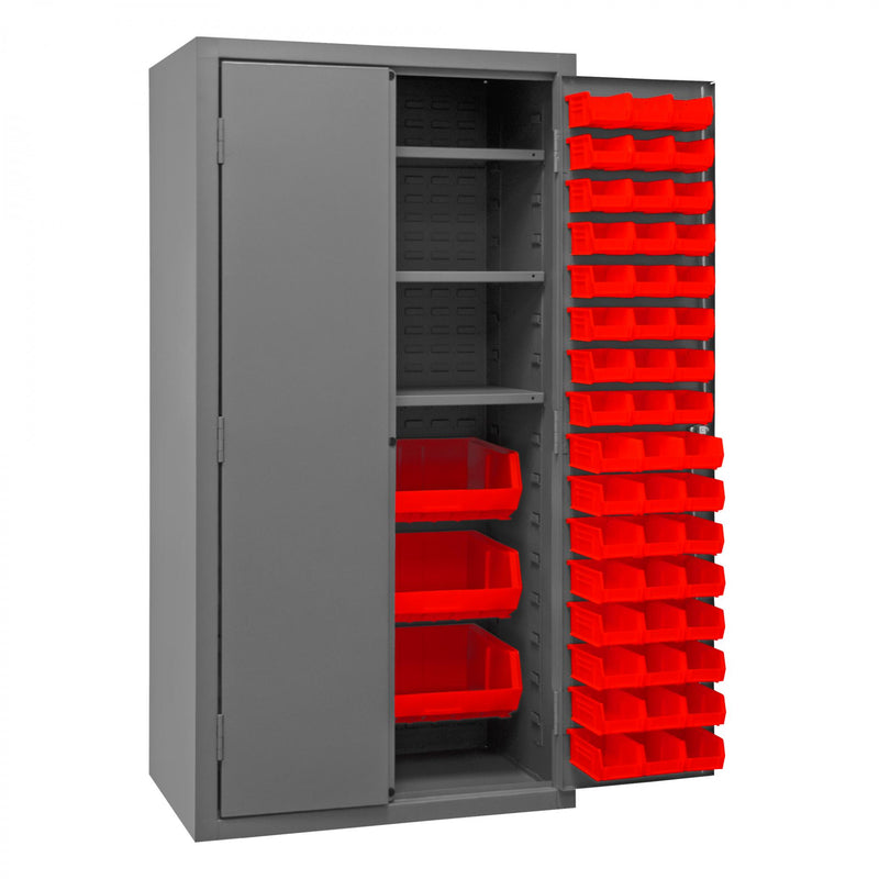 Durham Cabinet, 16 Gauge, 36 x 24 x 72, 3 Adjustable Shelves, 102 Red Bins