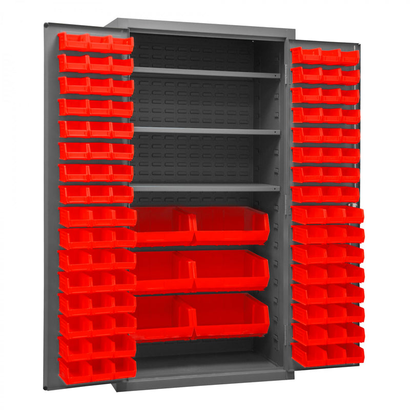 Durham Cabinet, 16 Gauge, 36 x 24 x 72, 3 Adjustable Shelves, 102 Red Bins