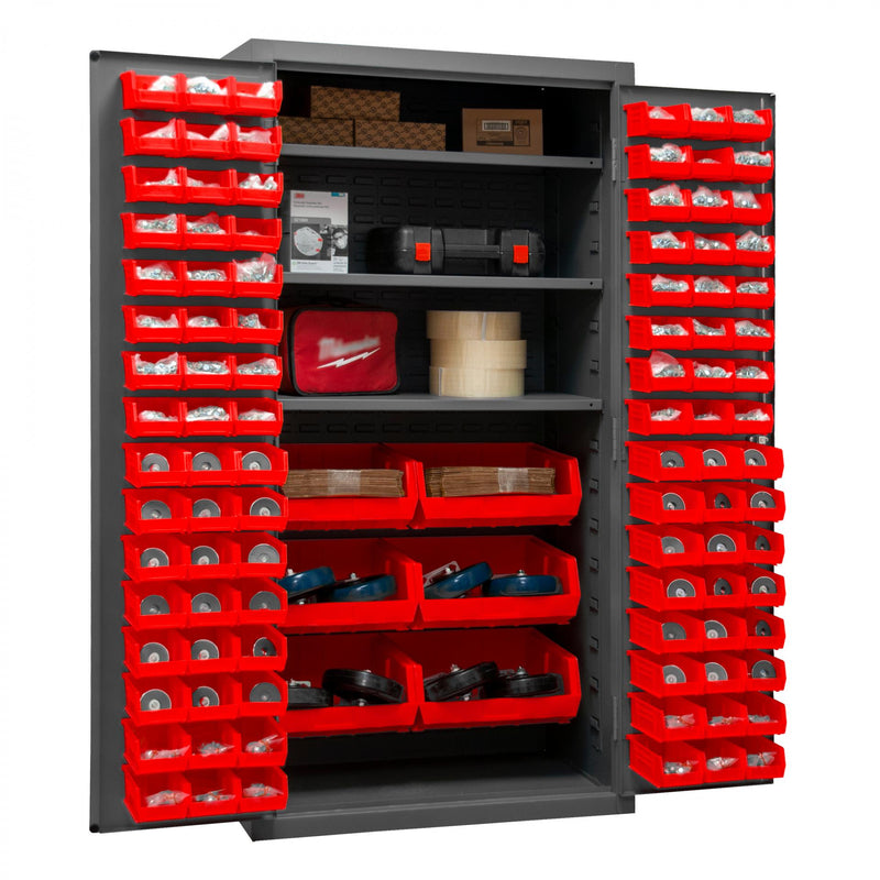 Durham Cabinet, 16 Gauge, 36 x 24 x 72, 3 Adjustable Shelves, 102 Red Bins
