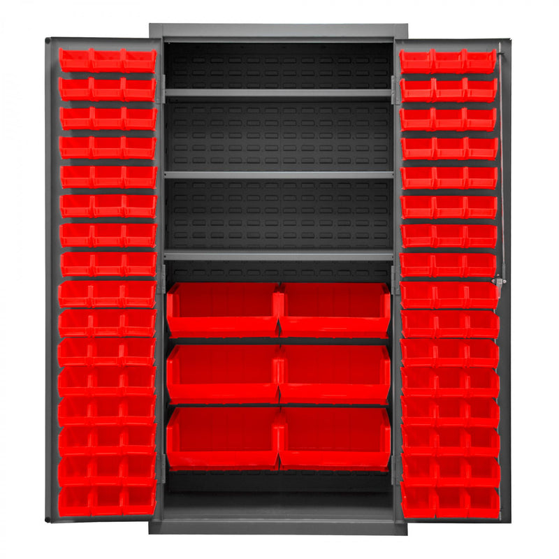 Durham Cabinet, 16 Gauge, 36 x 24 x 72, 3 Adjustable Shelves, 102 Red Bins