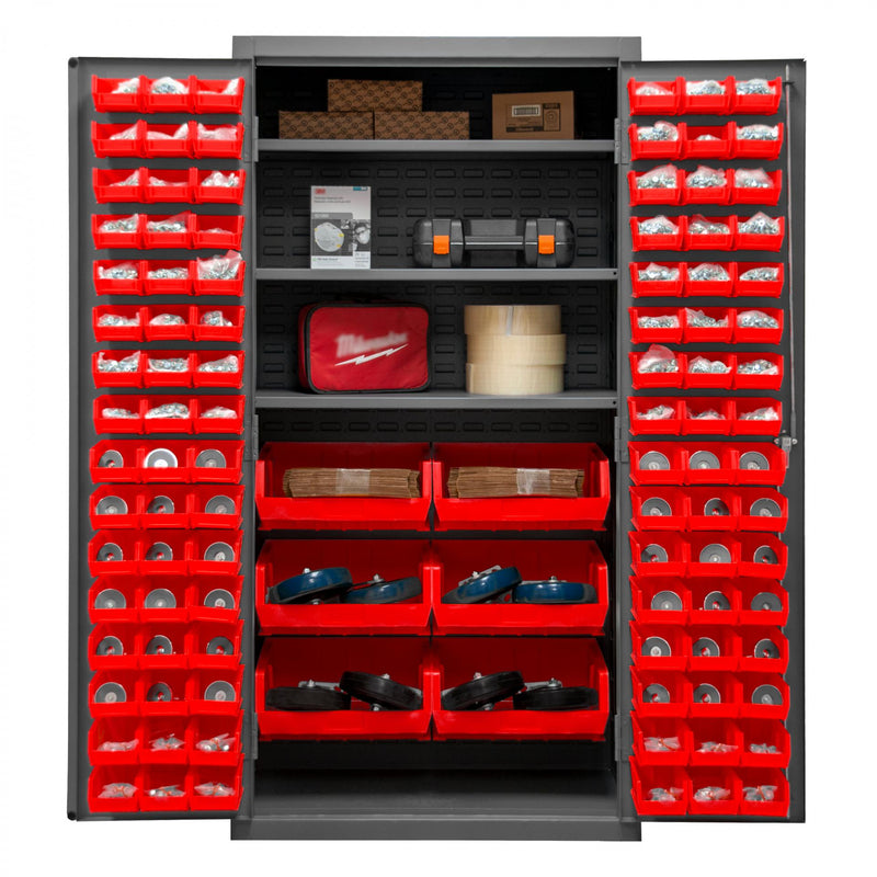 Durham Cabinet, 16 Gauge, 36 x 24 x 72, 3 Adjustable Shelves, 102 Red Bins