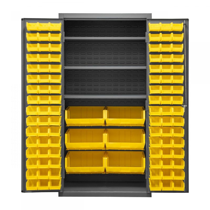Durham Cabinet, 16 Gauge, 36 x 24 x 72, 3 Adjustable Shelves, 102 Yellow Bins