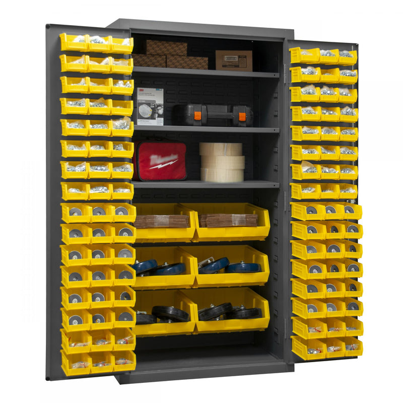 Durham Cabinet, 16 Gauge, 36 x 24 x 72, 3 Adjustable Shelves, 102 Yellow Bins