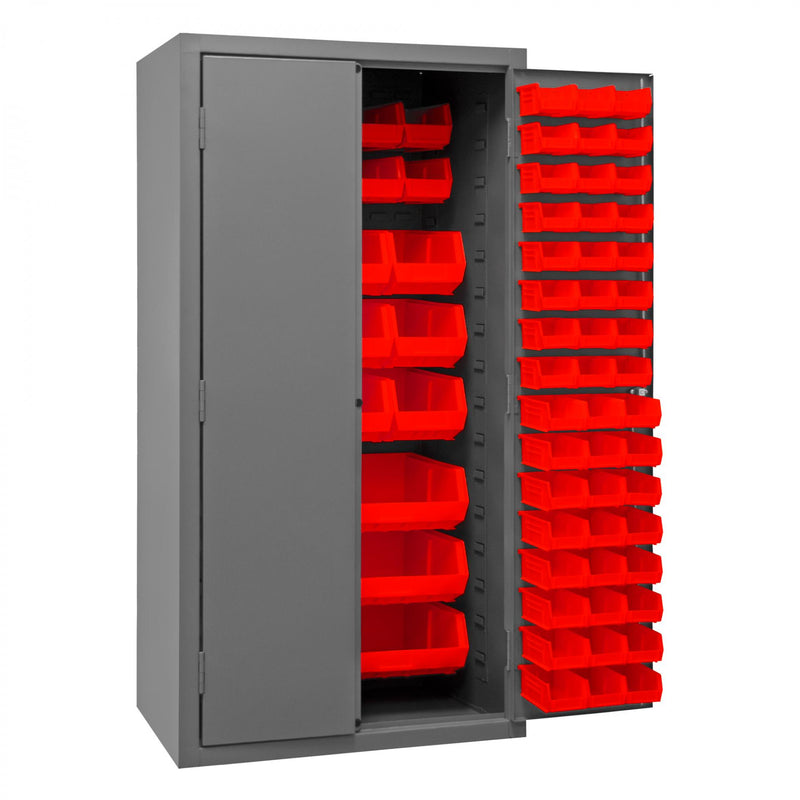 Durham Cabinet, 16 Gauge, 36 x 24 x 72, 126 Red Bins, Flush Doors with Louvered Panel, Lockable