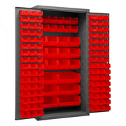 Durham Cabinet, 16 Gauge, 36 x 24 x 72, 126 Red Bins, Flush Doors with Louvered Panel, Lockable