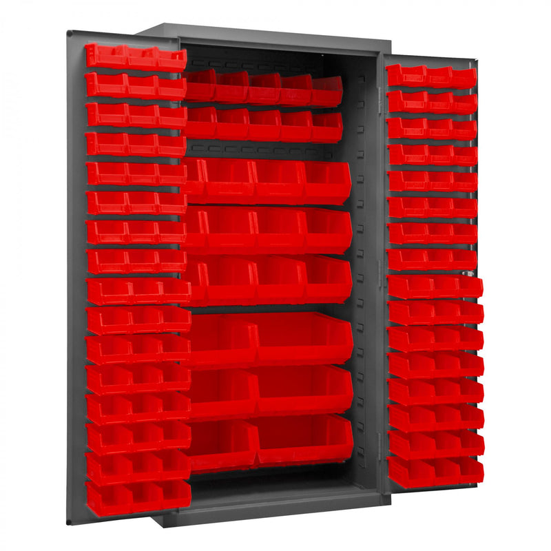 Durham Cabinet, 16 Gauge, 36 x 24 x 72, 126 Red Bins, Flush Doors with Louvered Panel, Lockable