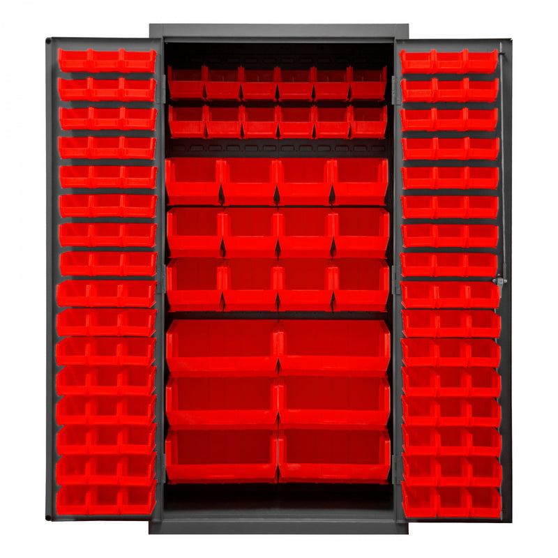 Durham Cabinet, 16 Gauge, 36 x 24 x 72, 126 Red Bins, Flush Doors with Louvered Panel, Lockable