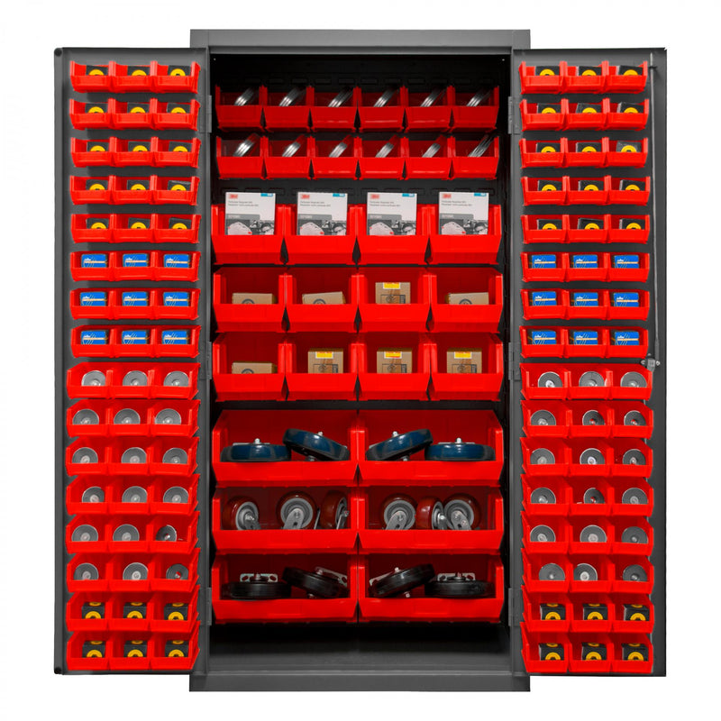 Durham Cabinet, 16 Gauge, 36 x 24 x 72, 126 Red Bins, Flush Doors with Louvered Panel, Lockable